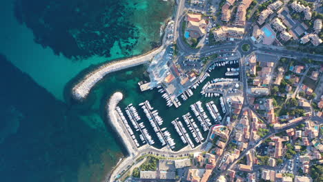 Aerial-top-shot-of-Sausset-les-Pins-harbor-mediterranean-city-residential-area.